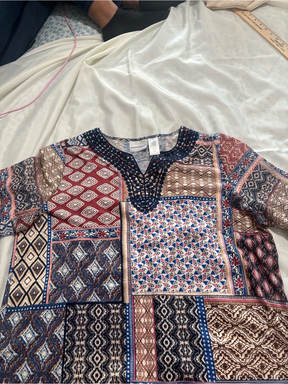 Alfred Dunner Multicolor Patchwork Print Tunic - Navy, Red, Brown, Cream.    B4